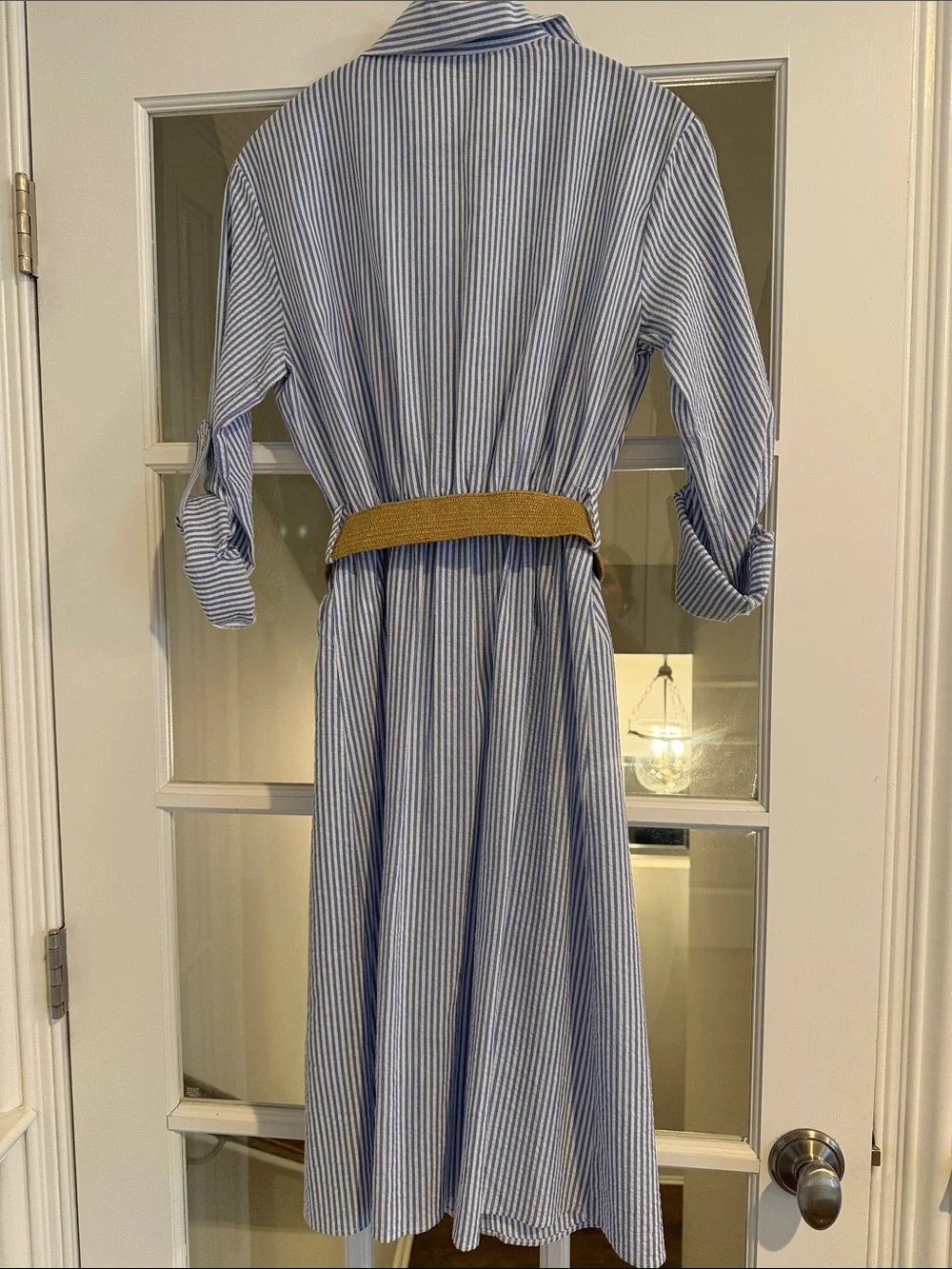Zara Striped Button-Front Shirt Dress in Light Blue with Belt - Picture 6 of 6